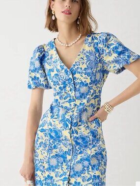 NEW NWT J. Crew Blue Floral Puff-Sleeve Button-Front Mini Dress